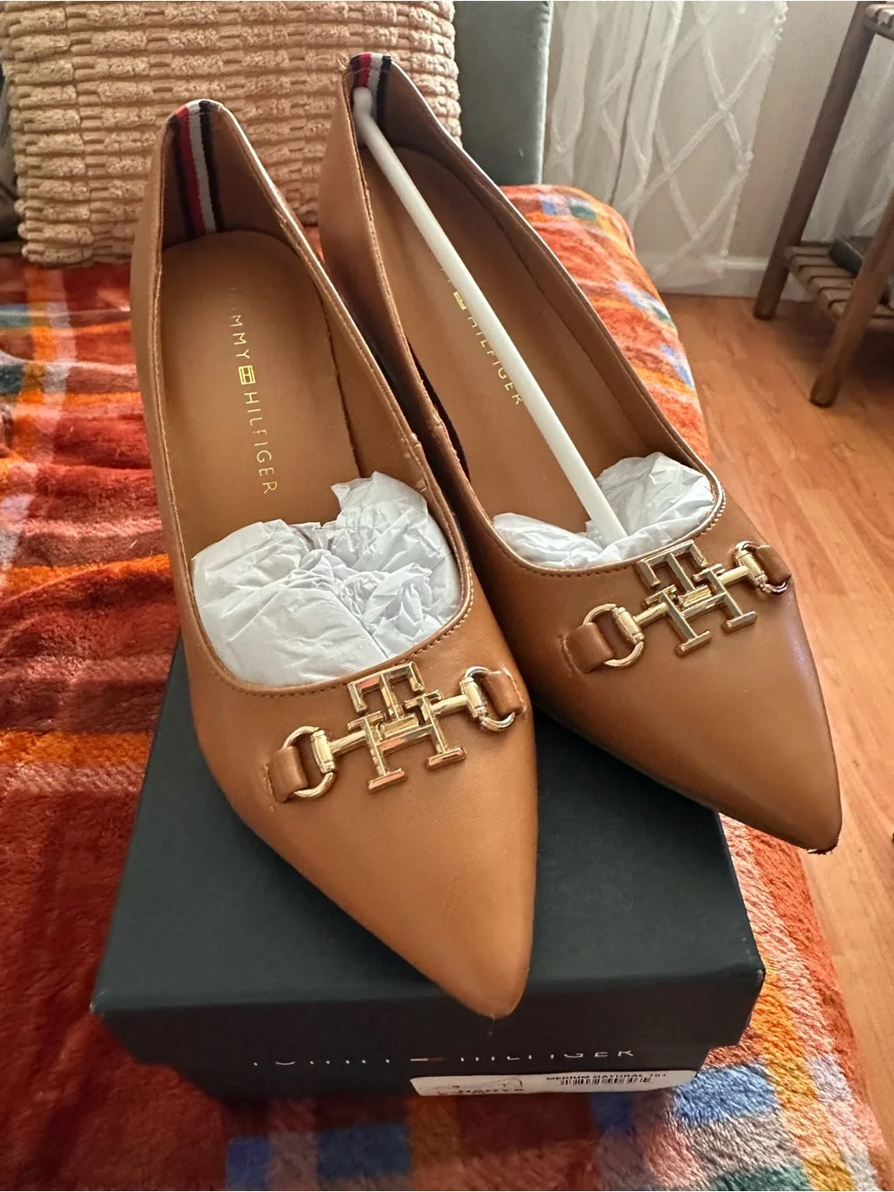 Tommy Hilfiger Camel Leather Mid Block Heel Pumps with Gold Accent